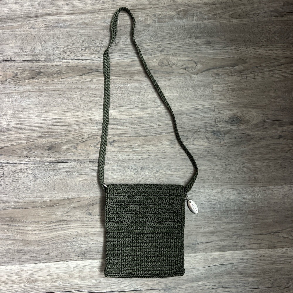 Talbots Olive Green‎ Crochet Crossbody Bag Nylon Lined Small Messenger Purse